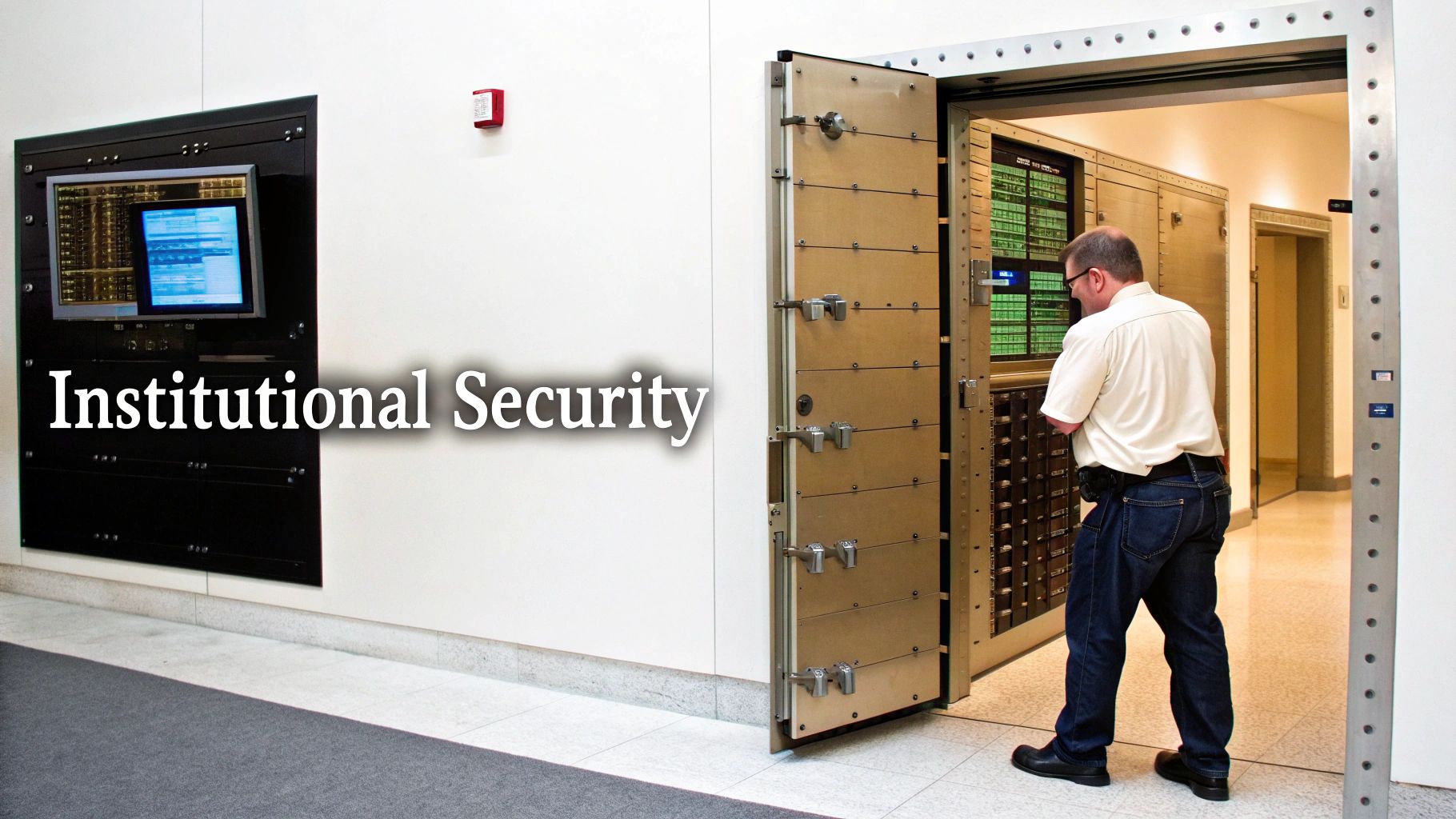 A man enters a large, open bank vault door in a secure institution with a control panel nearby.