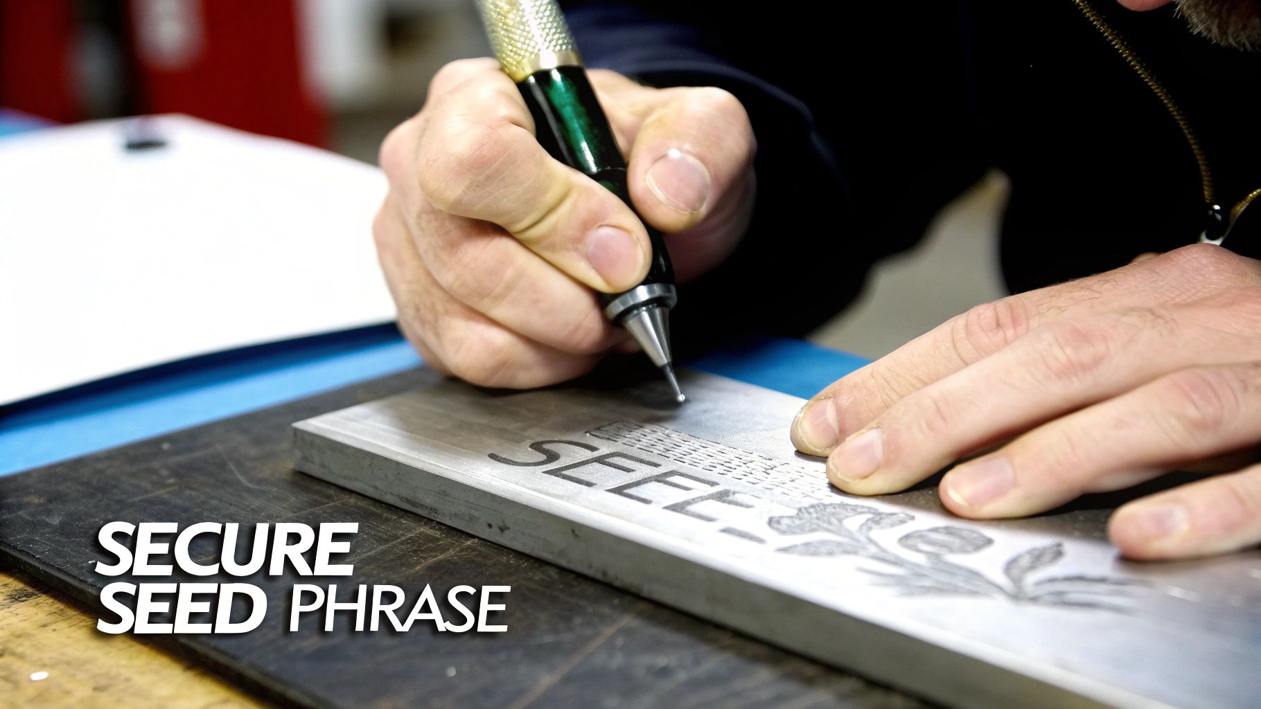Close-up of hands engraving a metal plate with an intricate design and the word 'SEED' using a specialized tool.