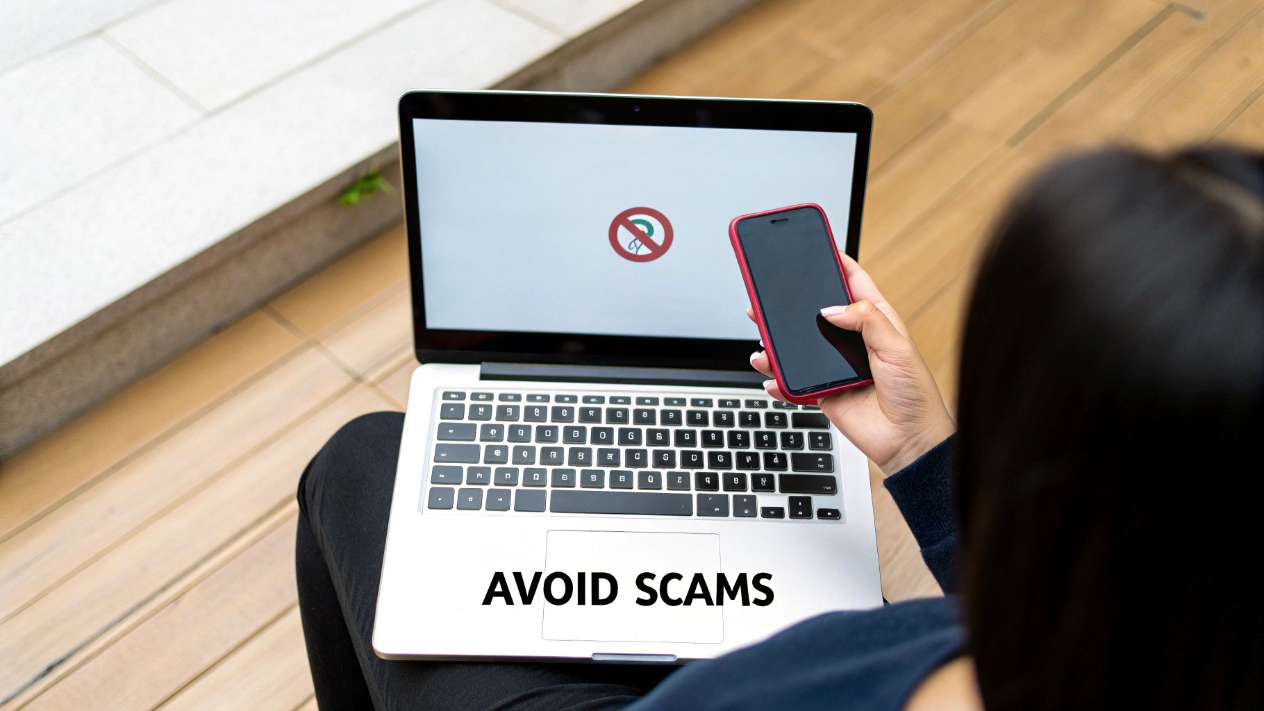 A warning sign with a shield icon superimposed on a smartphone screen showing a crypto wallet interface.