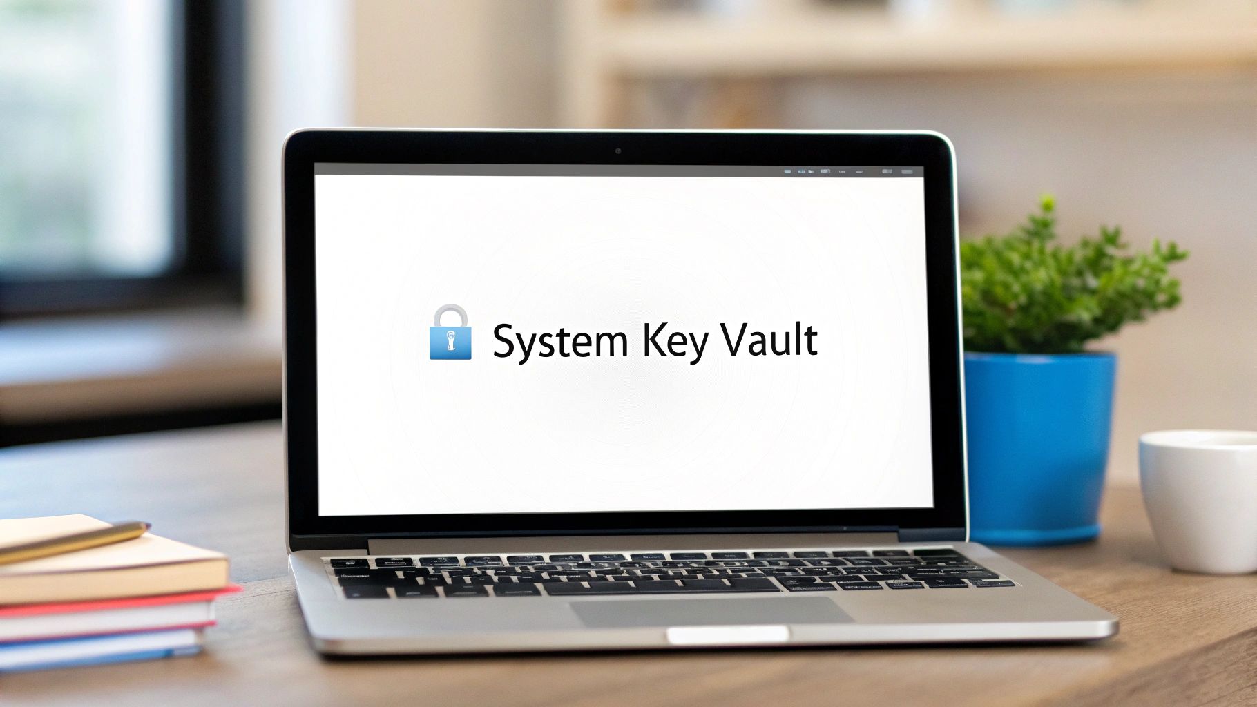 A laptop displaying 'System Key Vault' and a padlock icon, suggesting digital security.