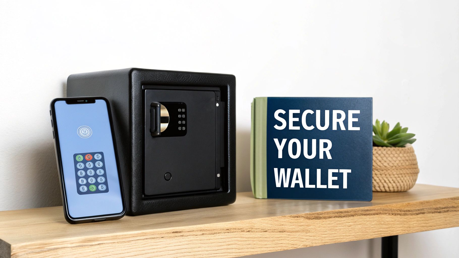 A smartphone, a safe, and a book titled 'Secure Your Wallet' on a wooden shelf, emphasizing digital and physical security.