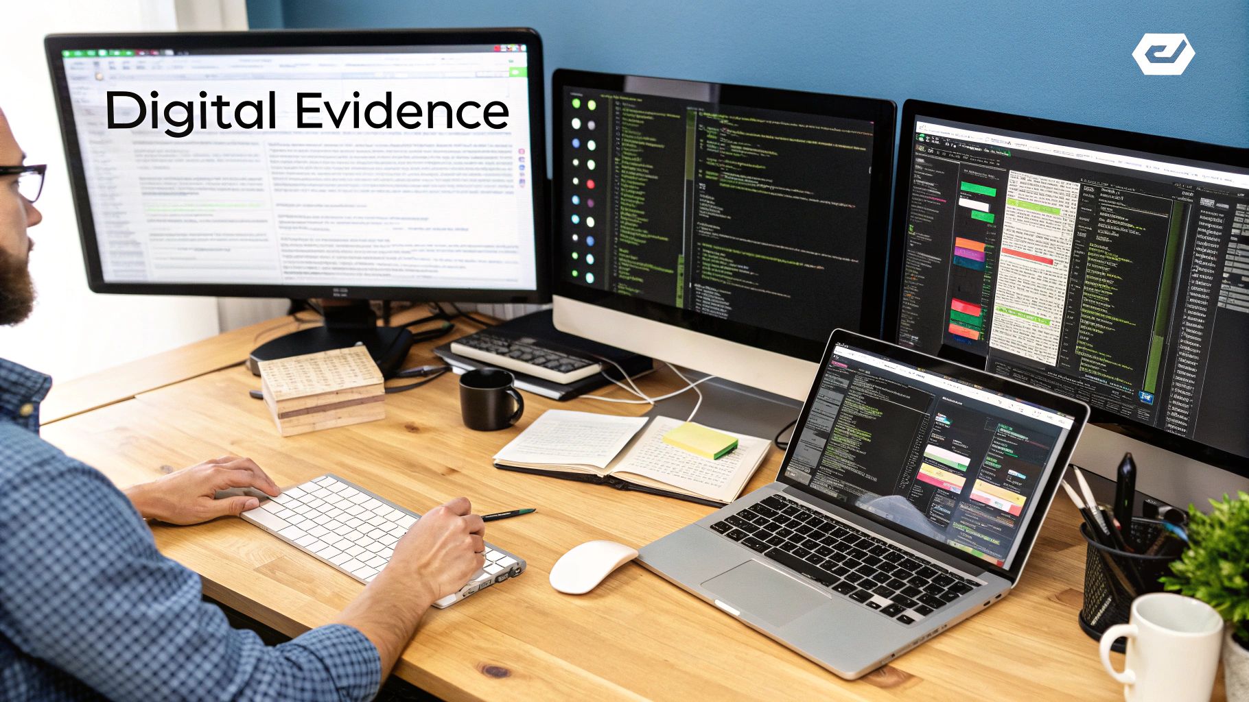 A person examining digital files and evidence on a computer screen