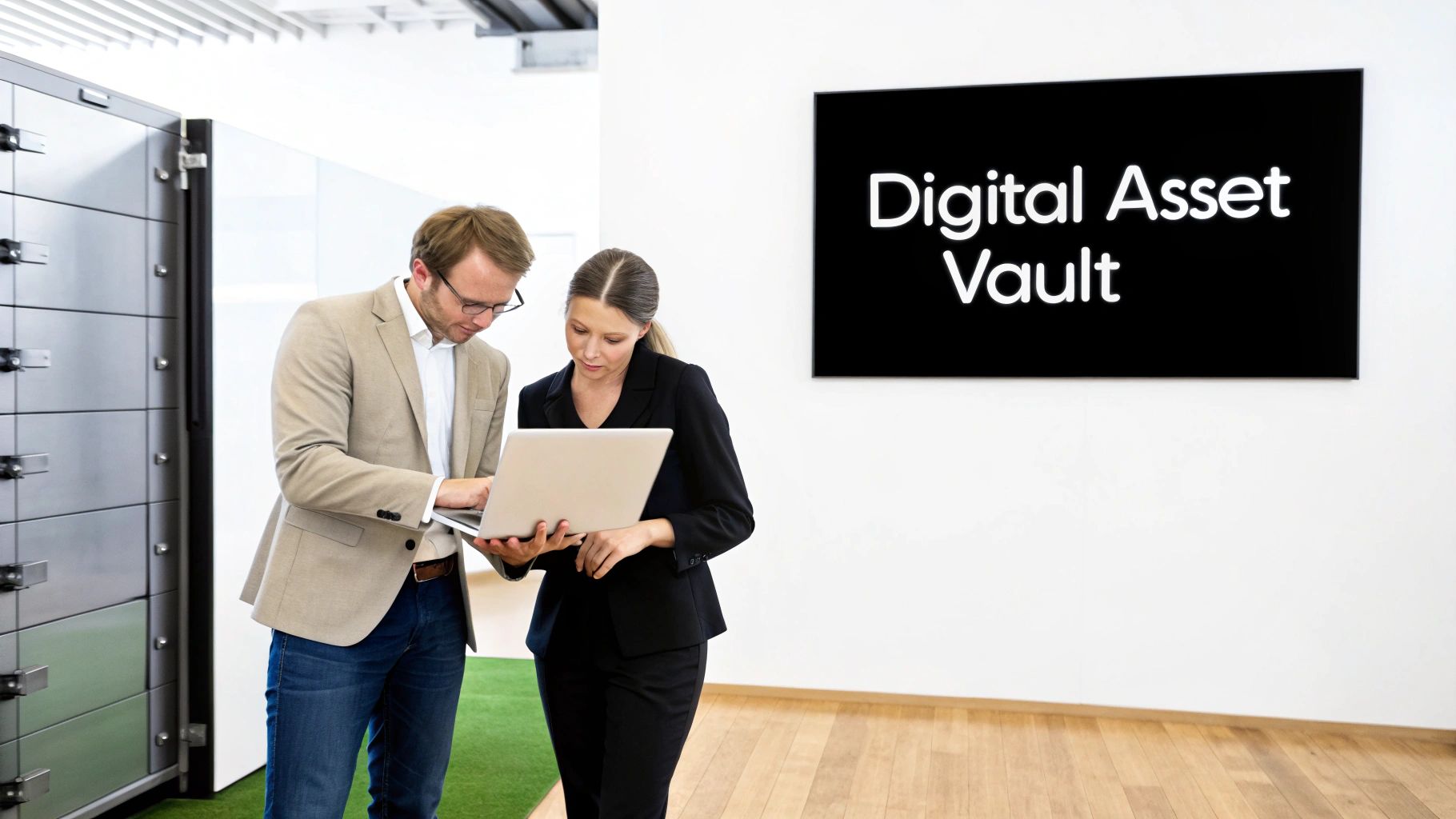 Two business professionals review digital assets on a laptop in front of a "Digital Asset Vault" sign.