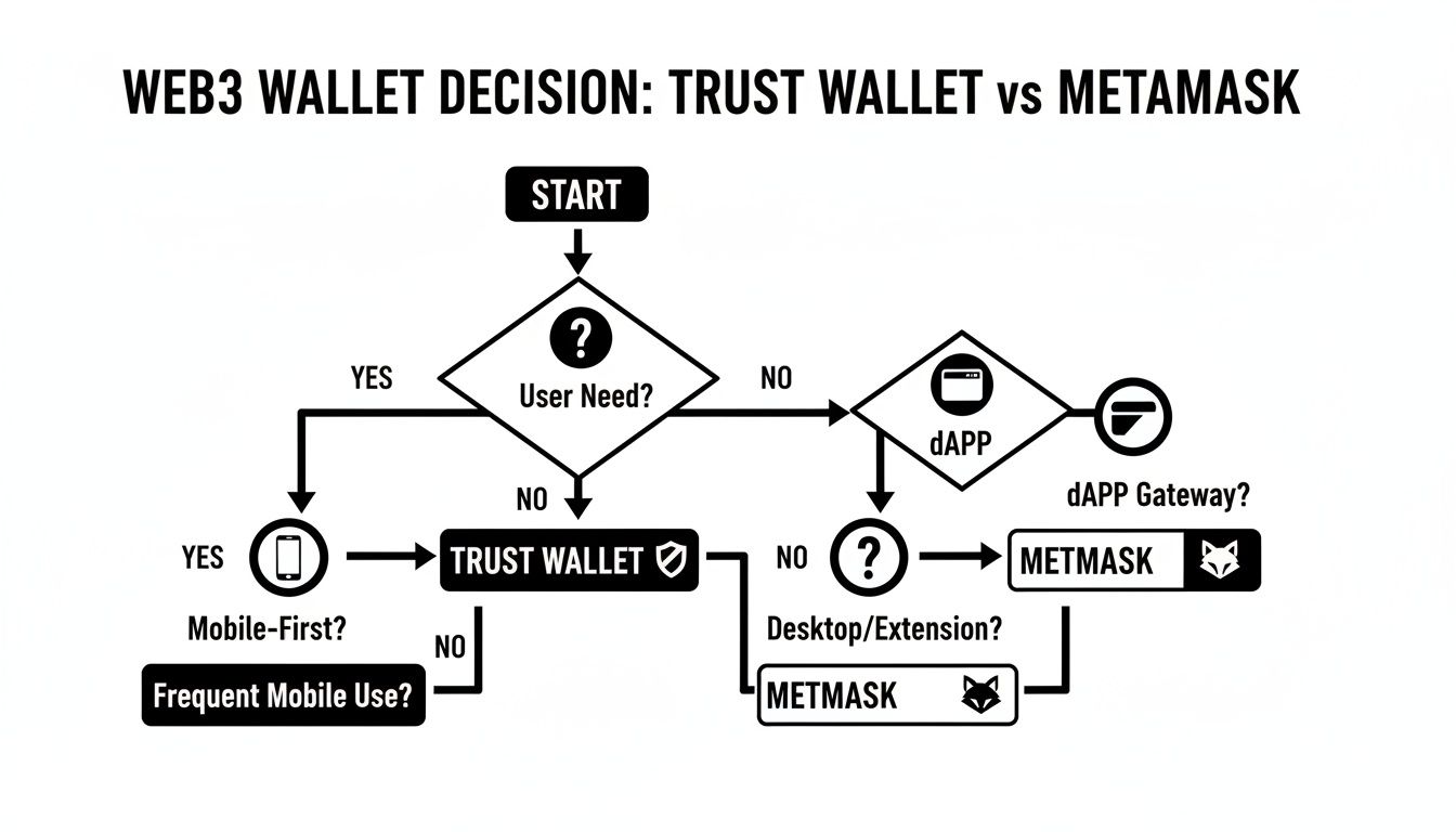 Flowchart comparing Trust Wallet and MetaMask for Web3 users based on mobile-first or desktop/dApp gateway needs.
