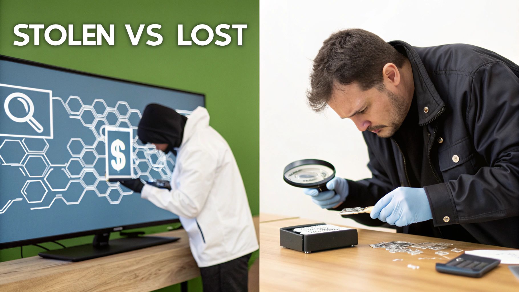 A split image showing a digital chase on one side and a person unlocking a digital vault on the other