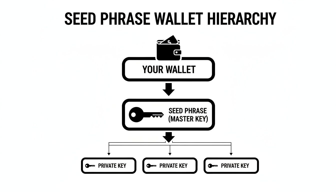 Diagram illustrating the hierarchical relationship between a wallet, its seed phrase (master key), and derived private keys.