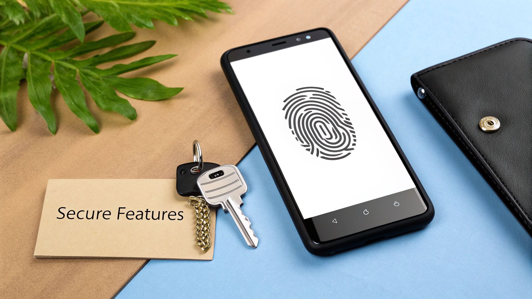 A smartphone with a fingerprint icon, keys, a wallet, and a 'Secure Features' note, symbolizing digital security.