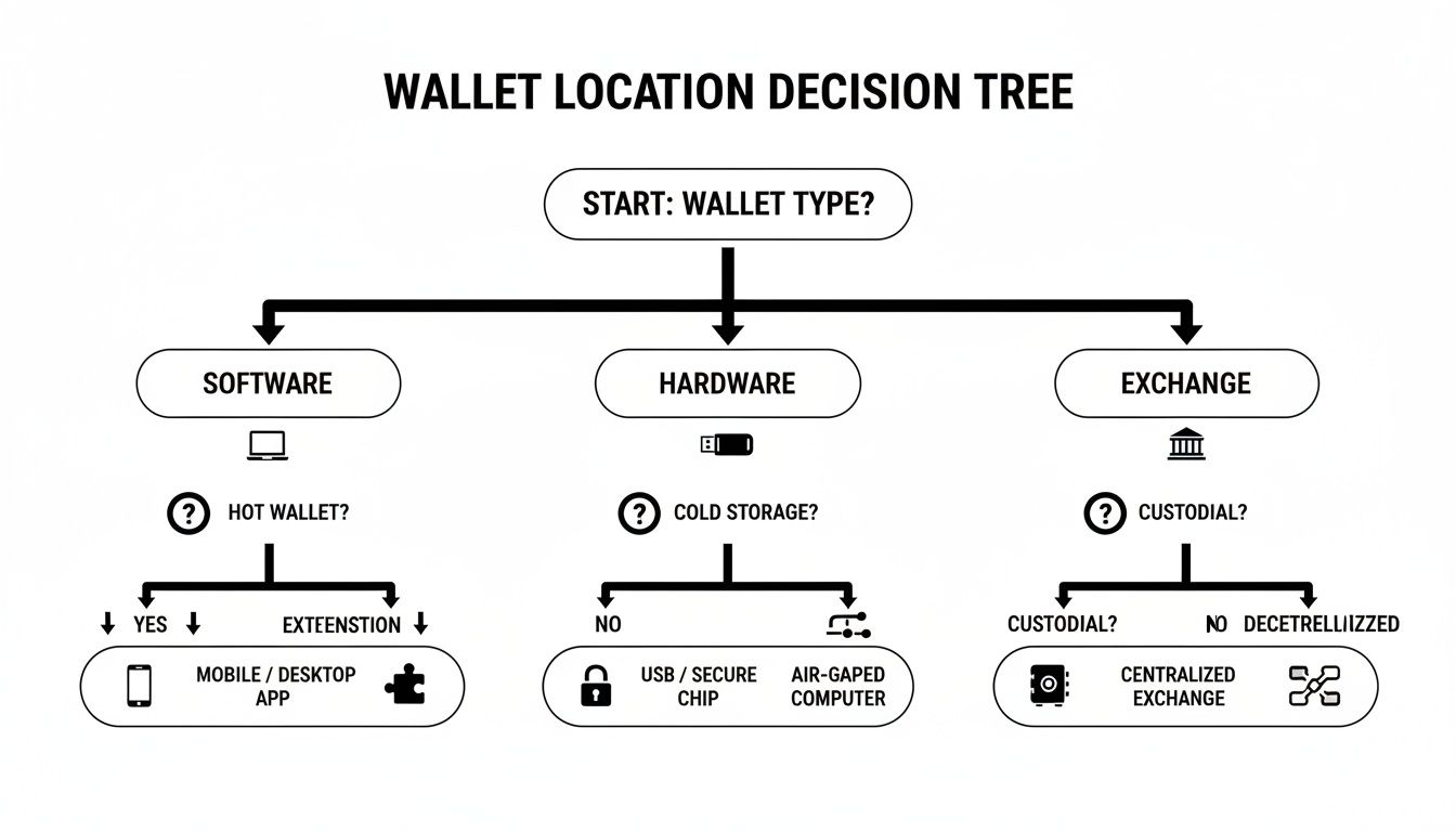 Decision tree for cryptocurrency wallet types, categorizing software, hardware, and exchange options.
