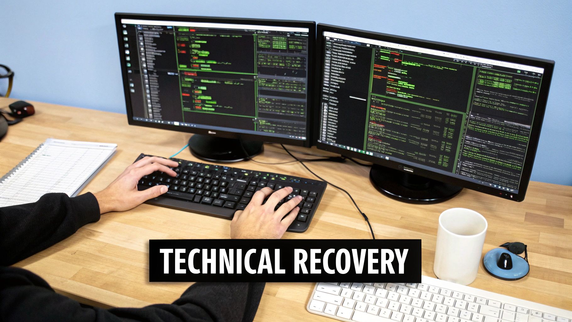 A person works on two computer monitors displaying green code, hands on a black keyboard, showing technical recovery.