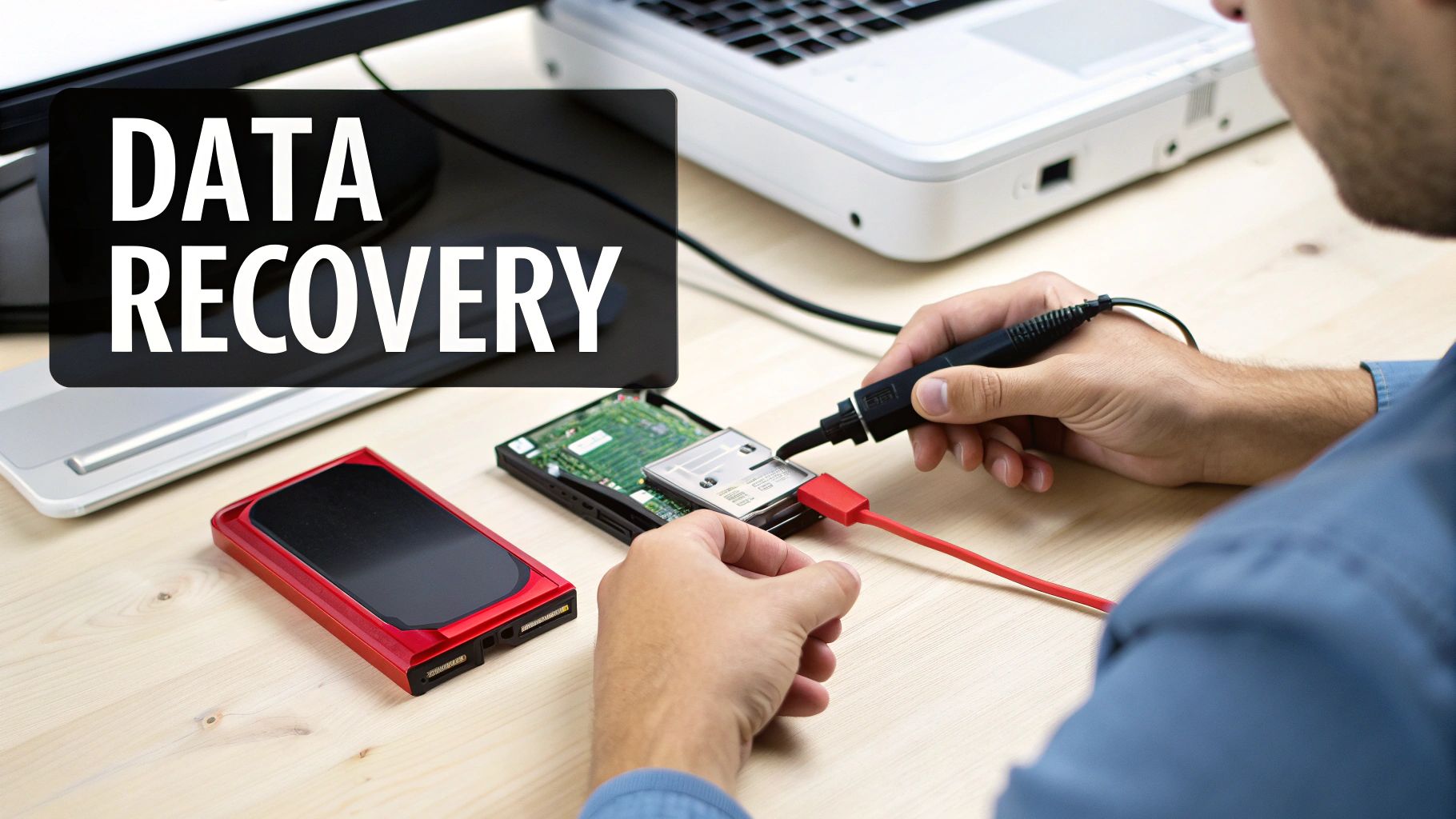 A technician attempts data recovery on a hard drive with specialized tools and text overlay.