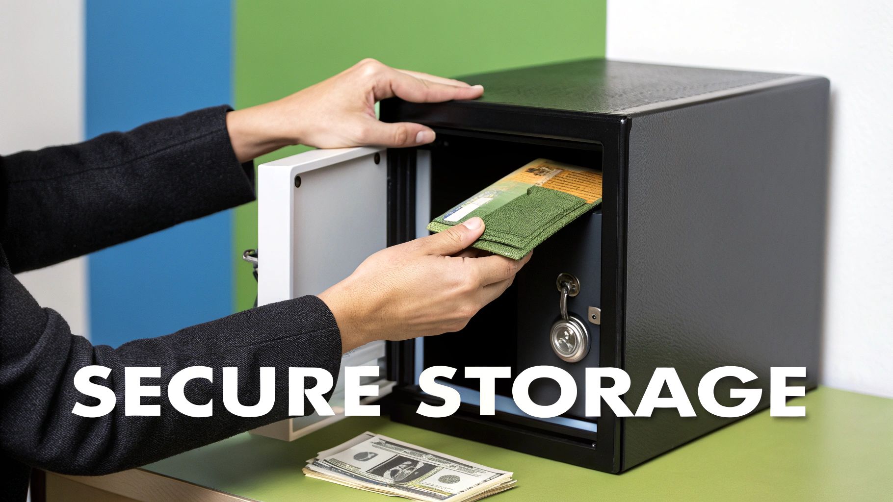 Hands placing a green wallet and documents into an open black home safe, with cash nearby.