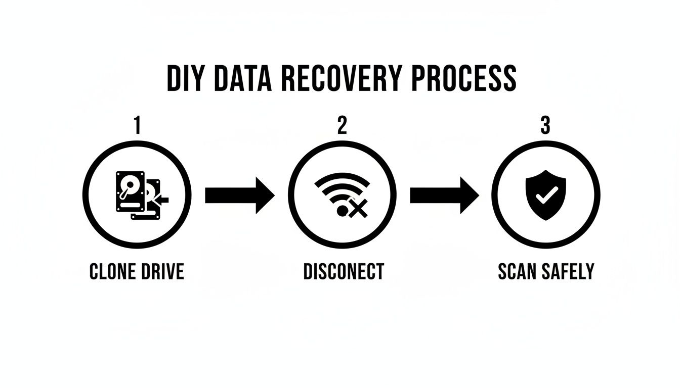 A 3-step DIY data recovery process diagram showing cloning, disconnecting, and scanning safely.