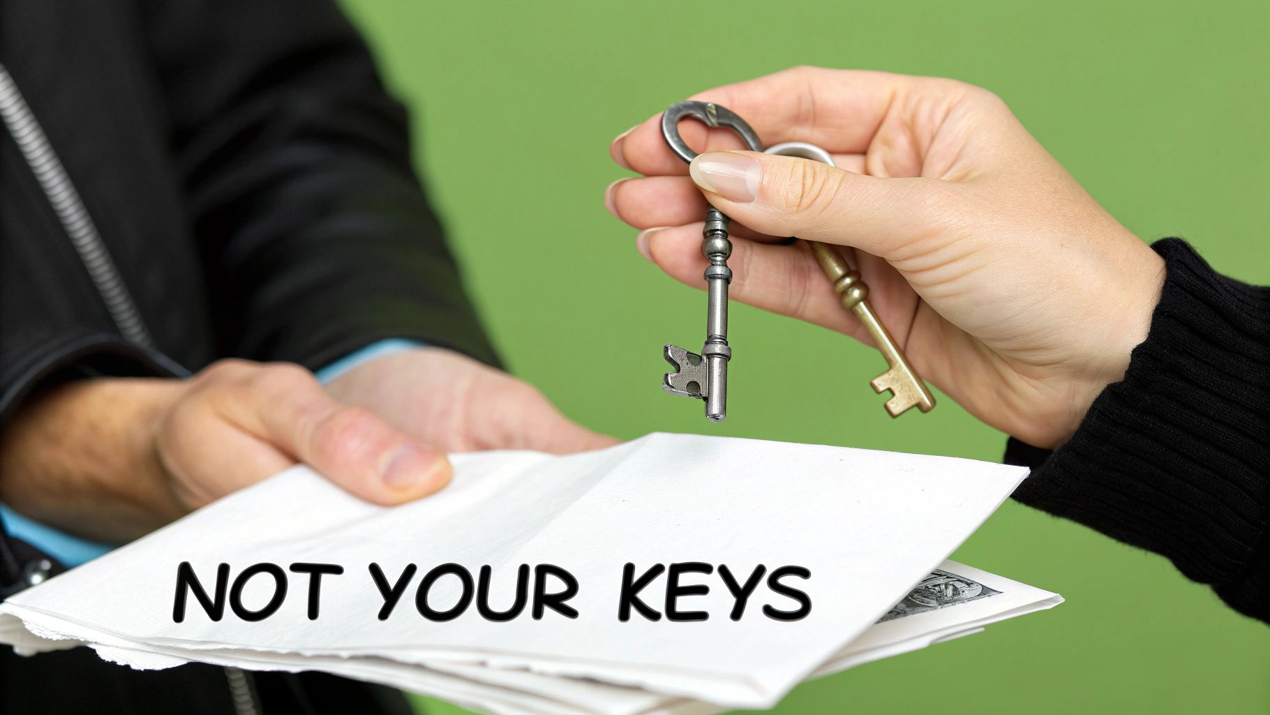 A person's hand offers two antique keys to another person holding papers with 'NOT YOUR KEYS' written on them.