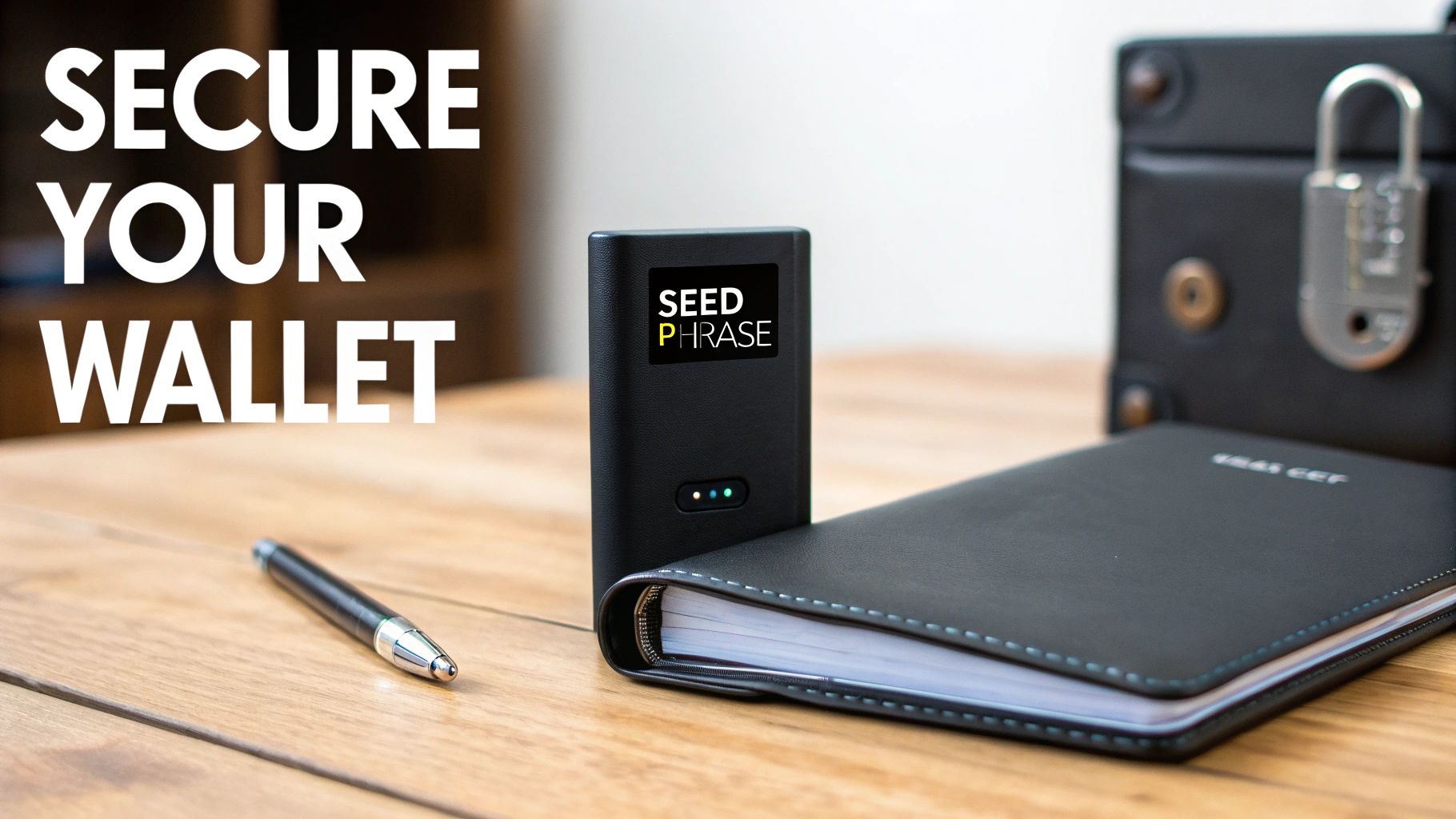 A black device with 'SEED PHRASE' on its screen, a notebook, pen, and padlock, emphasizing secure crypto wallet management.