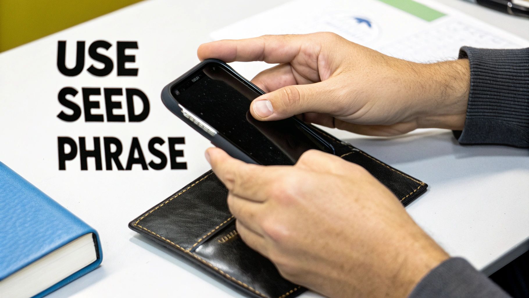 Hands holding a smartphone over a wallet, with a 'USE SEED PHRASE' sign in the background.