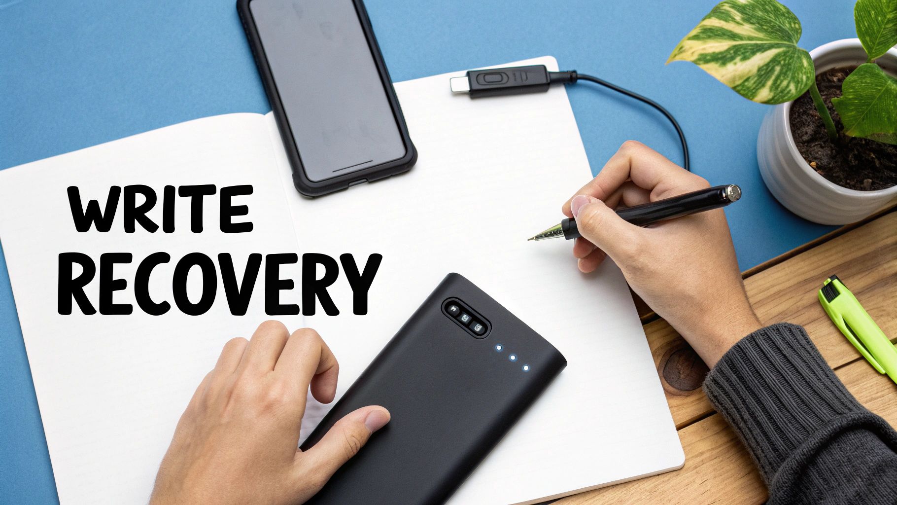 Hands writing 'WRITE RECOVERY' on a notebook with a smartphone, power bank, and plant nearby.