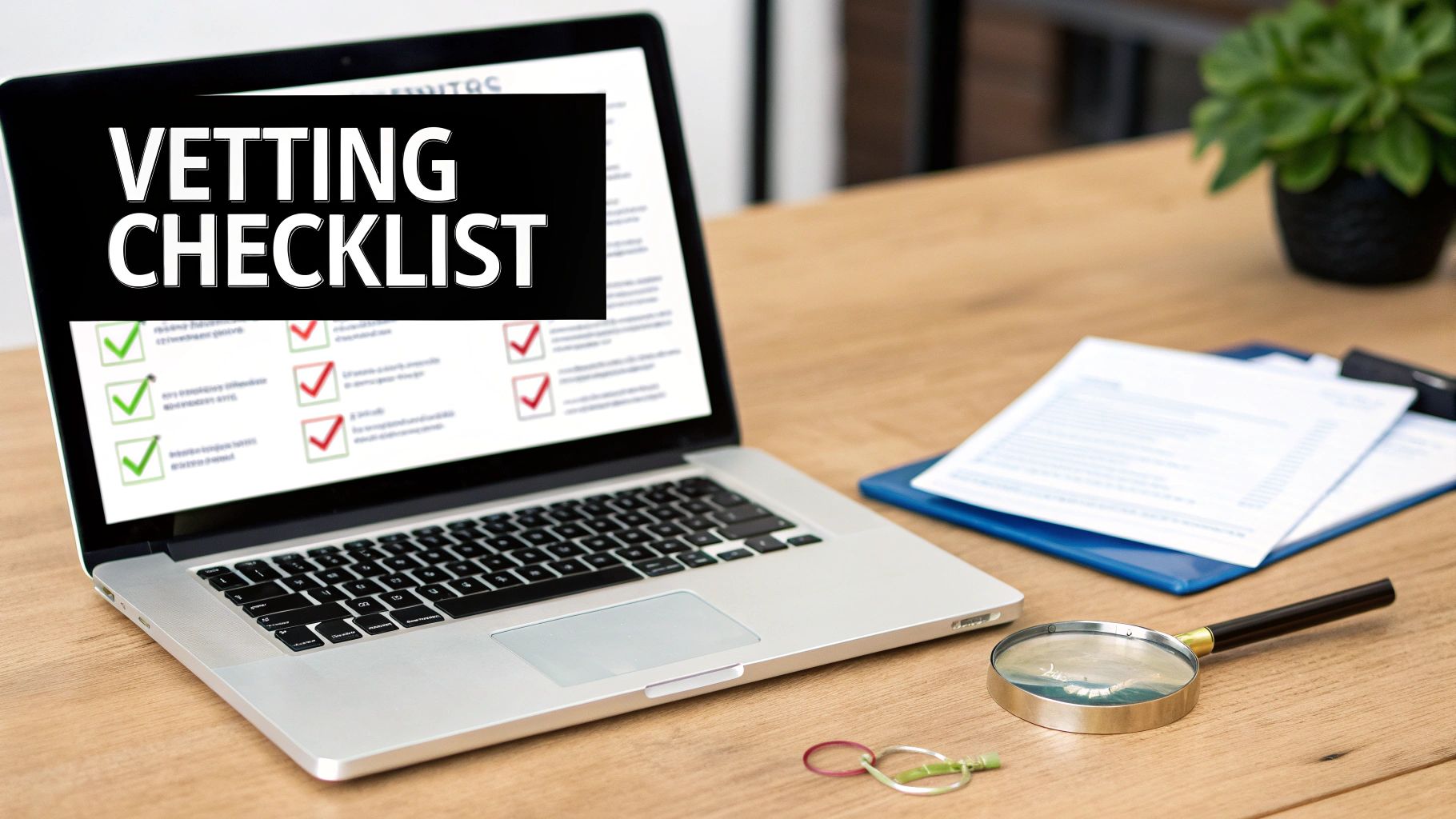 A laptop screen displays a 'Vetting Checklist' with items marked complete and incomplete.