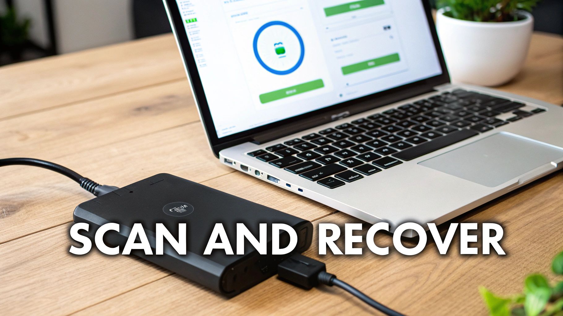 External hard drive connected to a laptop running data recovery software on a wooden desk.