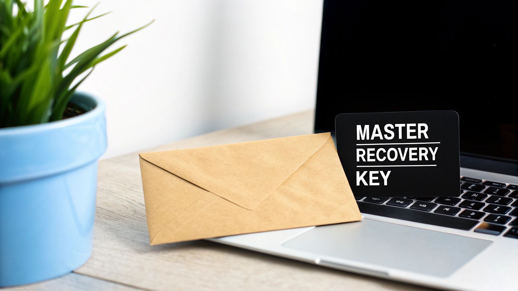 A black card labeled 'MASTER RECOVERY KEY' and a brown envelope on a laptop keyboard, symbolizing digital security.
