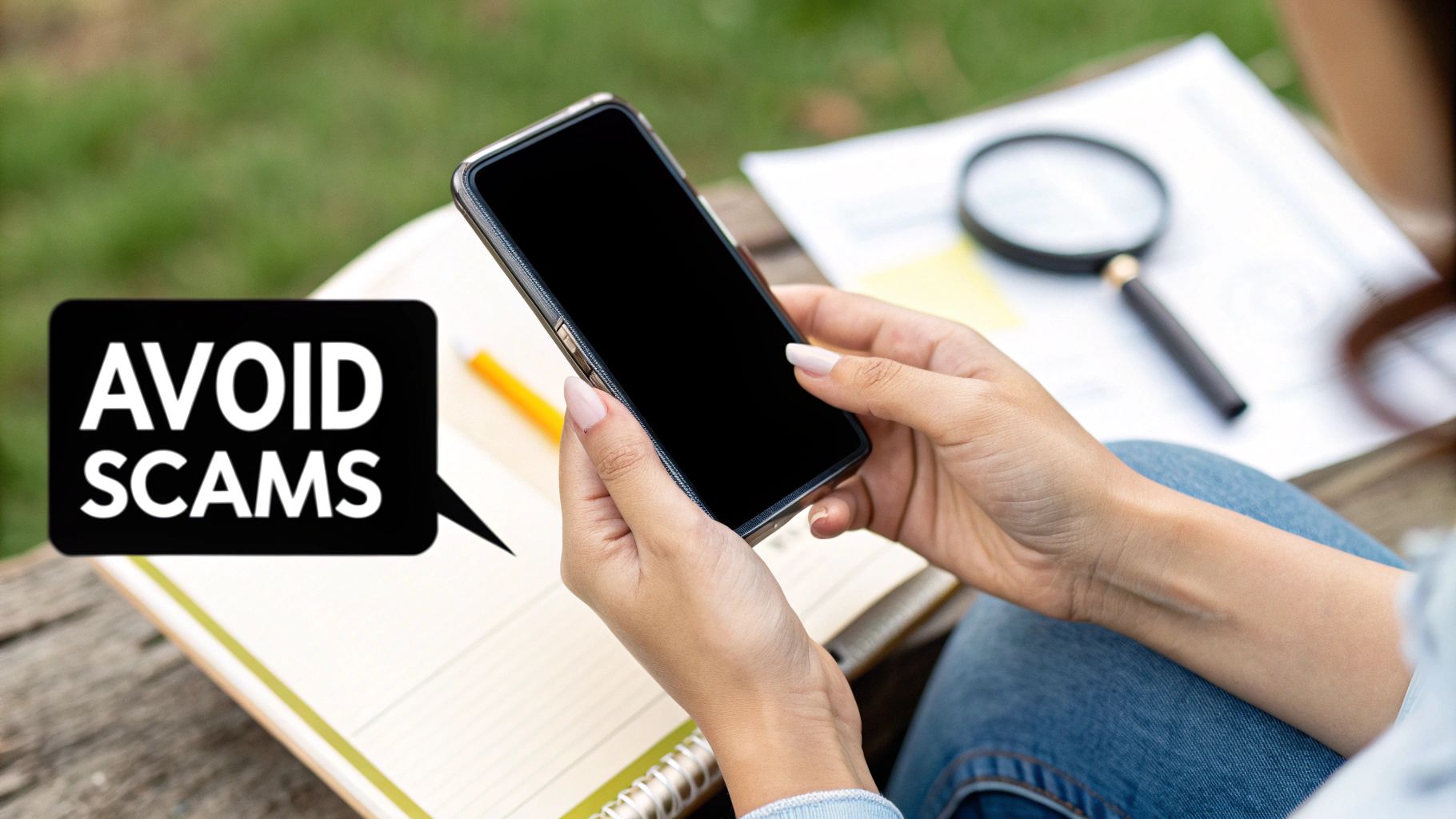 A person holds a smartphone with an 'AVOID SCAMS' speech bubble overlay, near a notebook and magnifying glass.