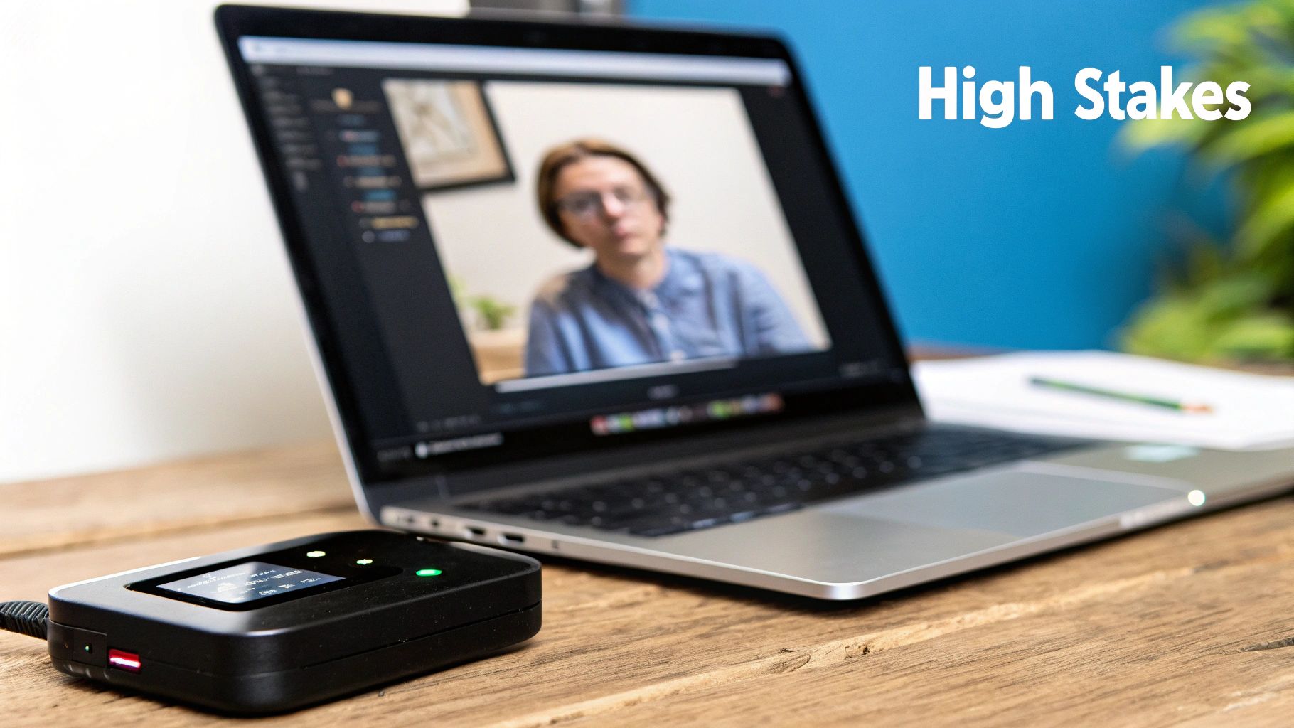 A mobile hotspot connected to a laptop displaying a blurry video call on a wooden desk.