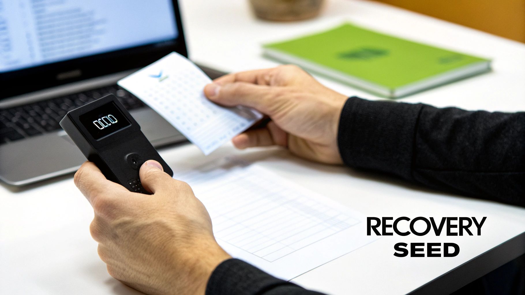 Hands holding a black hardware wallet displaying '0000' and a recovery seed card for digital currency.