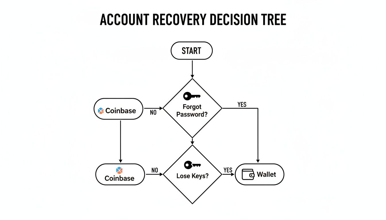 A decision tree flowchart illustrating account recovery for Coinbase or Wallet based on forgetting password or losing keys.