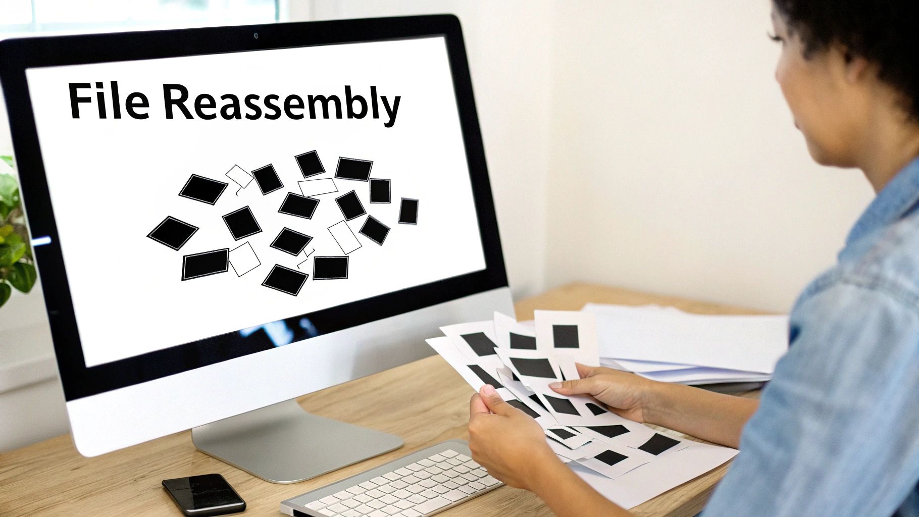 A person works on file reassembly, matching digital fragments with physical cards.