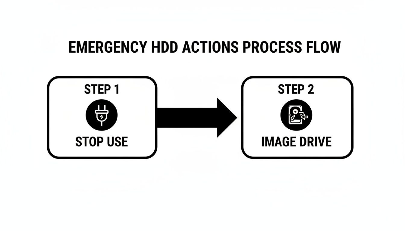 Flowchart showing emergency HDD actions: Step 1 Stop Use (unplug), Step 2 Image Drive (backup).