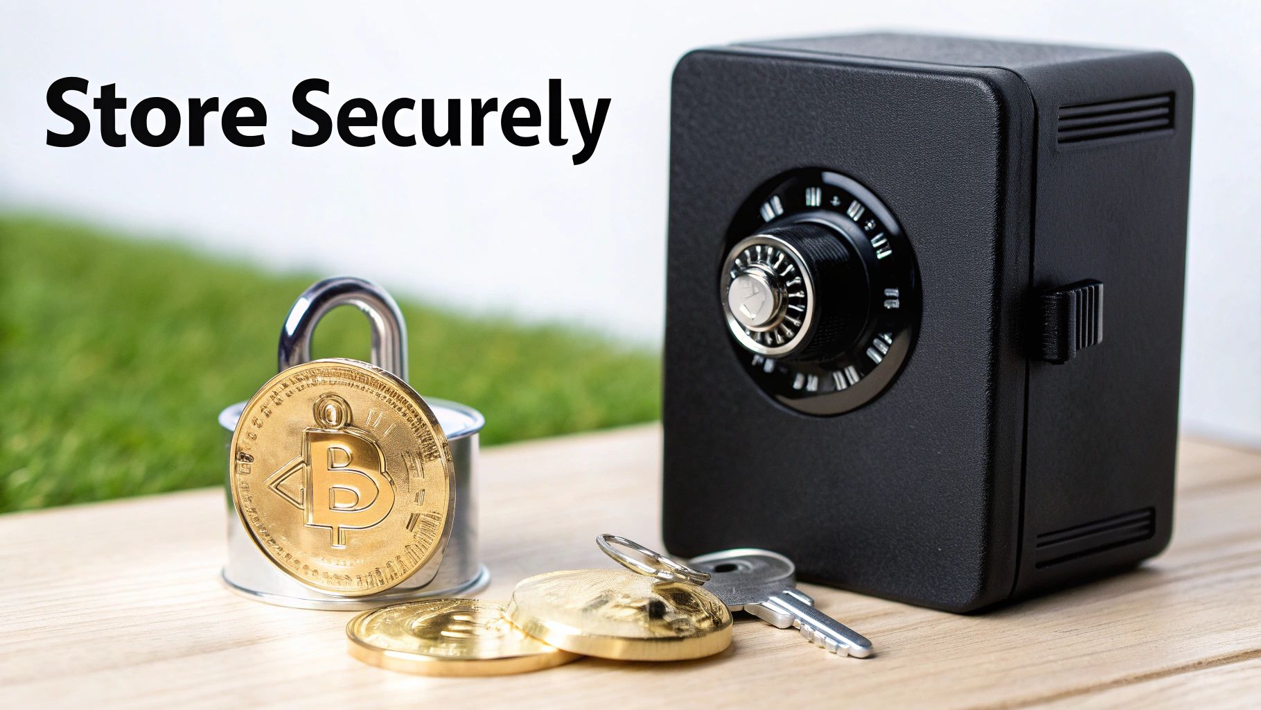 A black safe, padlock, and gold Bitcoin coins with keys on a wooden surface, text 'Store Securely'.