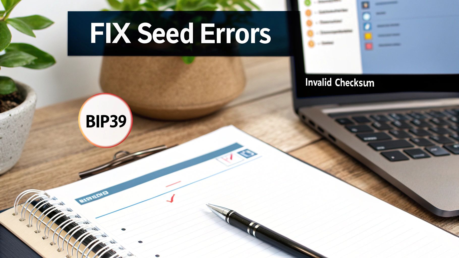 Desk setup with a laptop displaying 'Invalid Checksum', a notepad, and text 'FIX Seed Errors BIP39'.