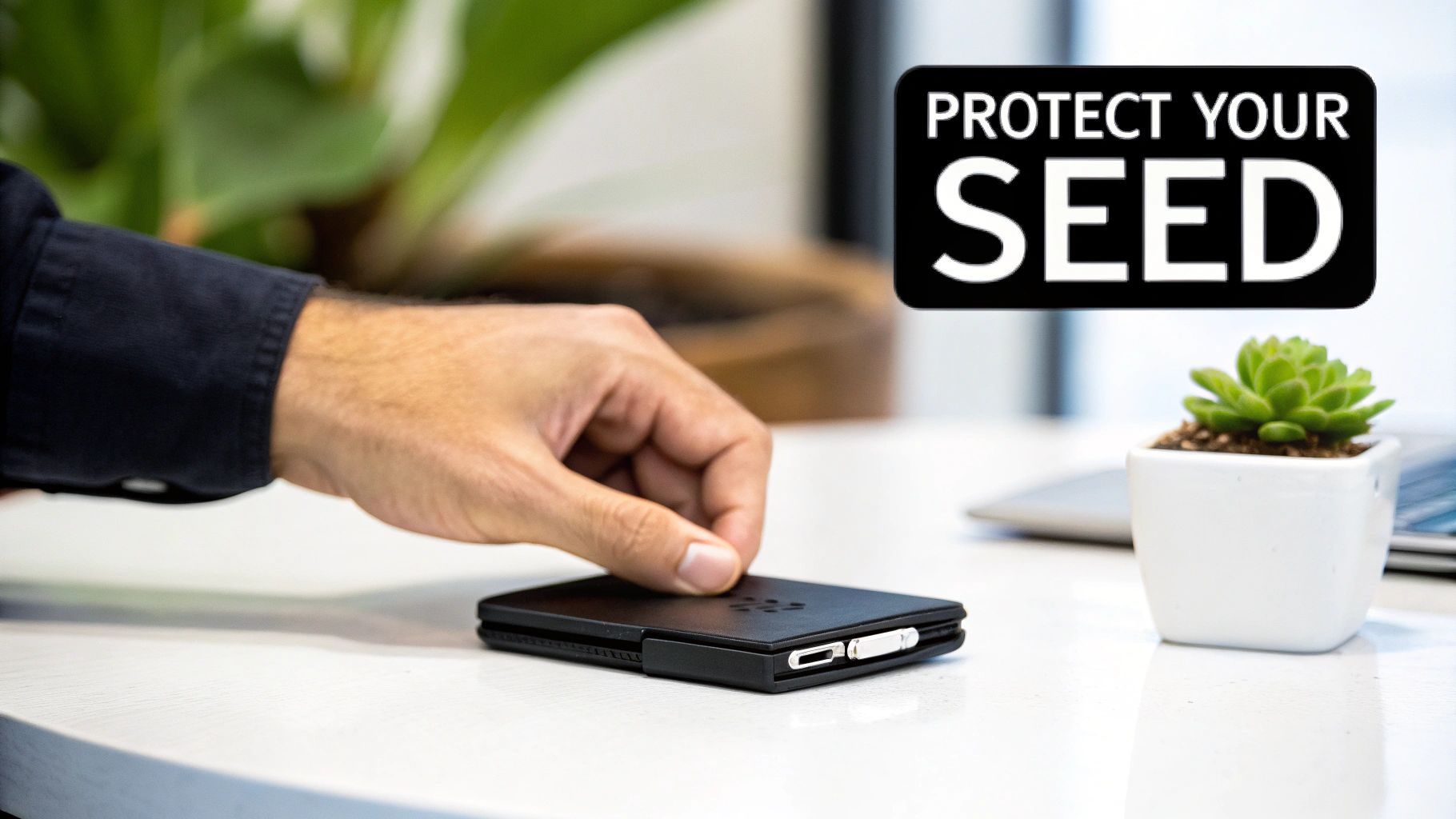 A hand interacts with a black cryptocurrency hardware wallet on a white table, next to a plant.