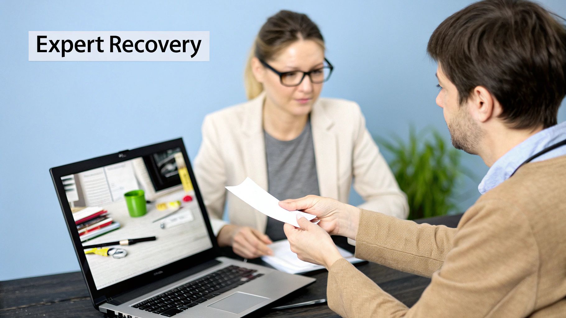 Two professionals exchanging a document across a desk with a laptop and 'Expert Recovery' text.