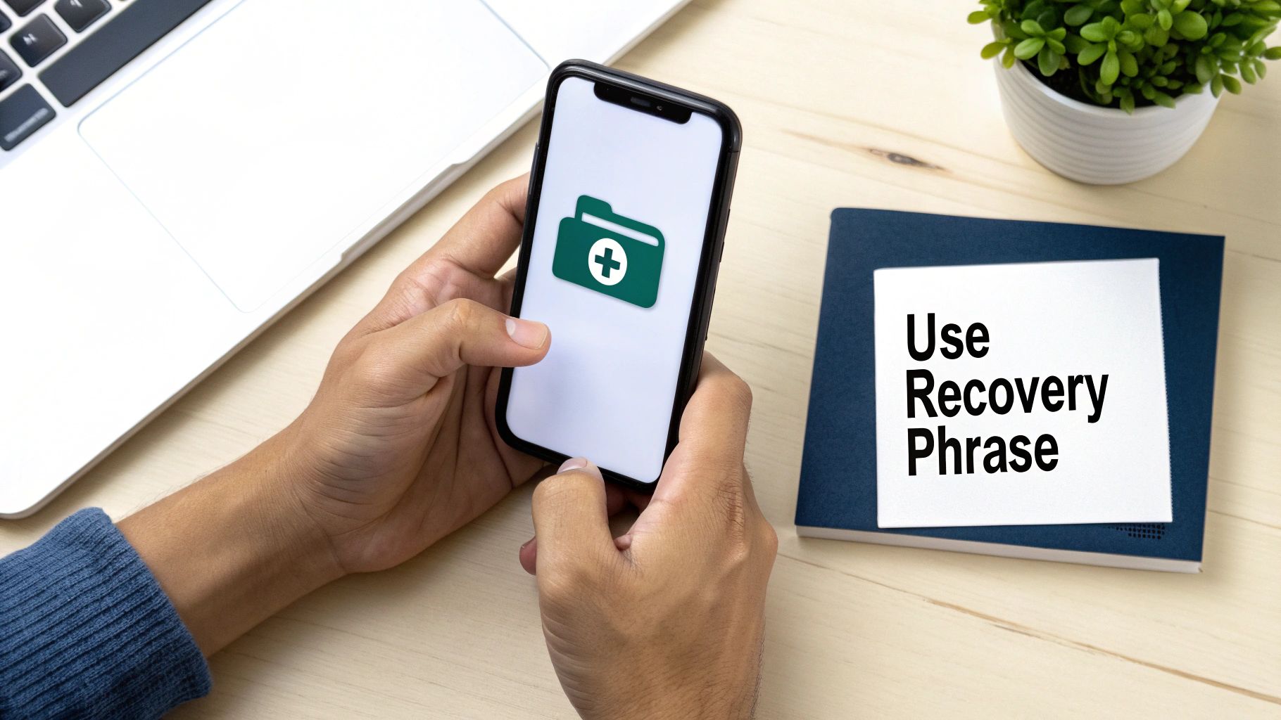 A person looking at their Trust Wallet on their phone with a concerned expression, symbolizing the need for wallet recovery.