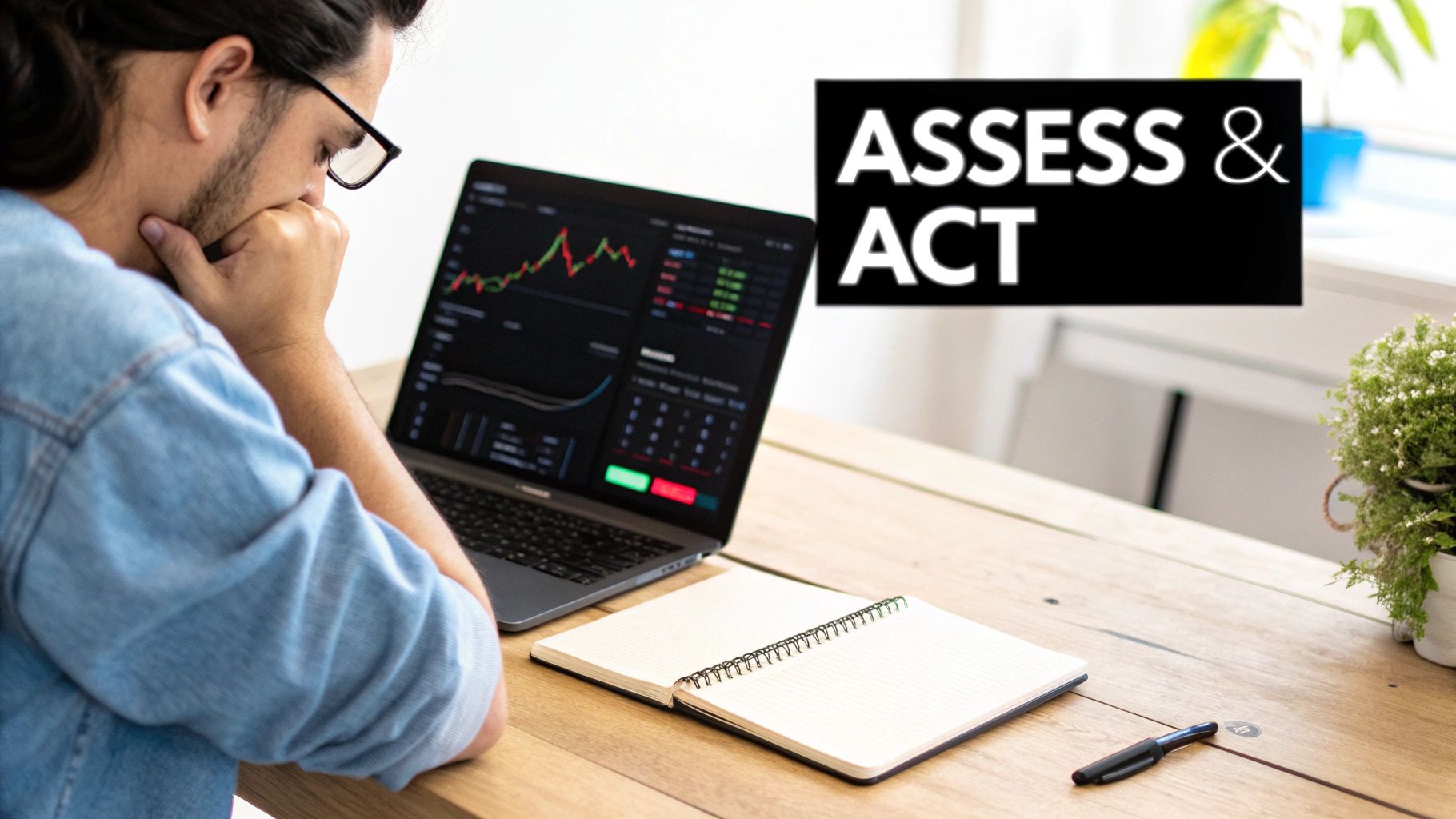 A person looking concerned at their computer screen displaying cryptocurrency charts.