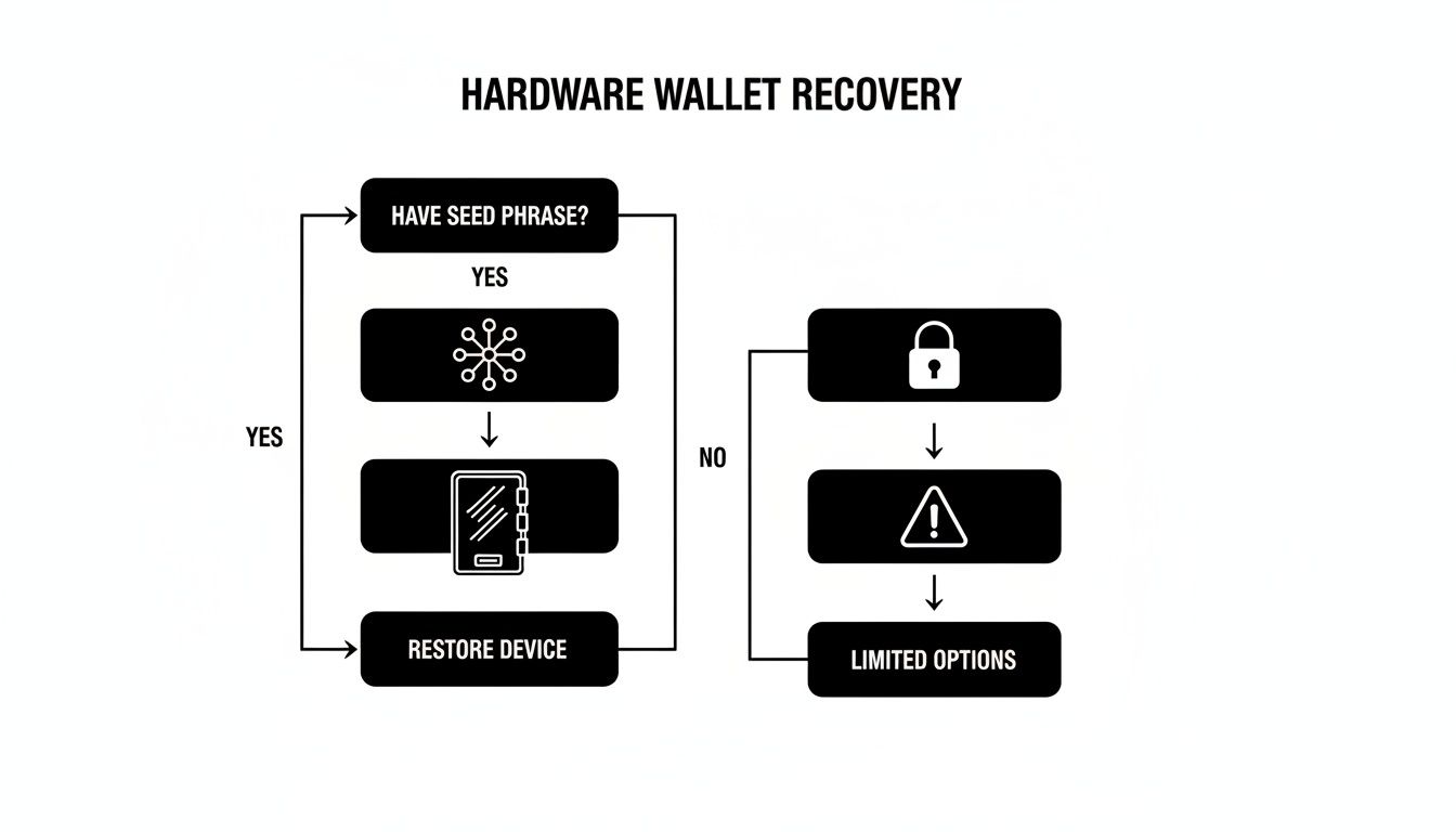 Flowchart detailing hardware wallet recovery: seed phrase allows device restoration; no seed phrase means limited options.