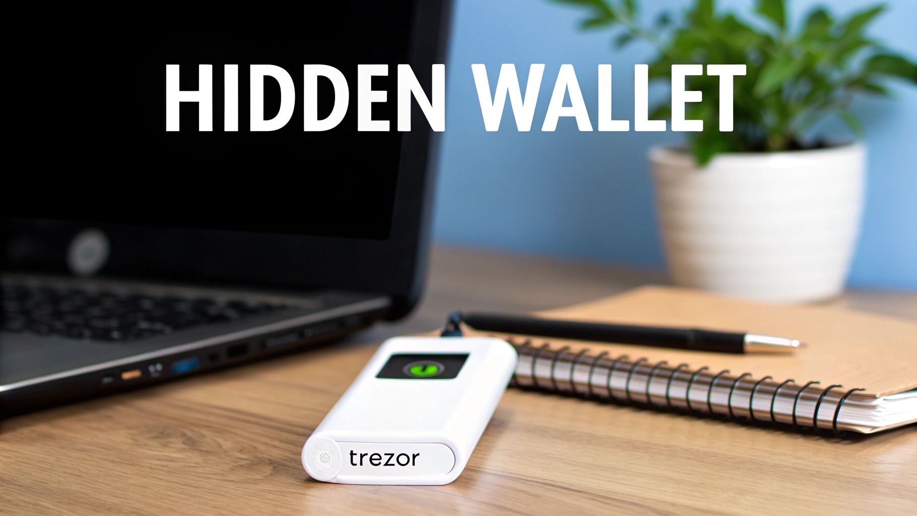 A Trezor hardware wallet connected to a laptop on a wooden desk with text 'HIDDEN WALLET'.