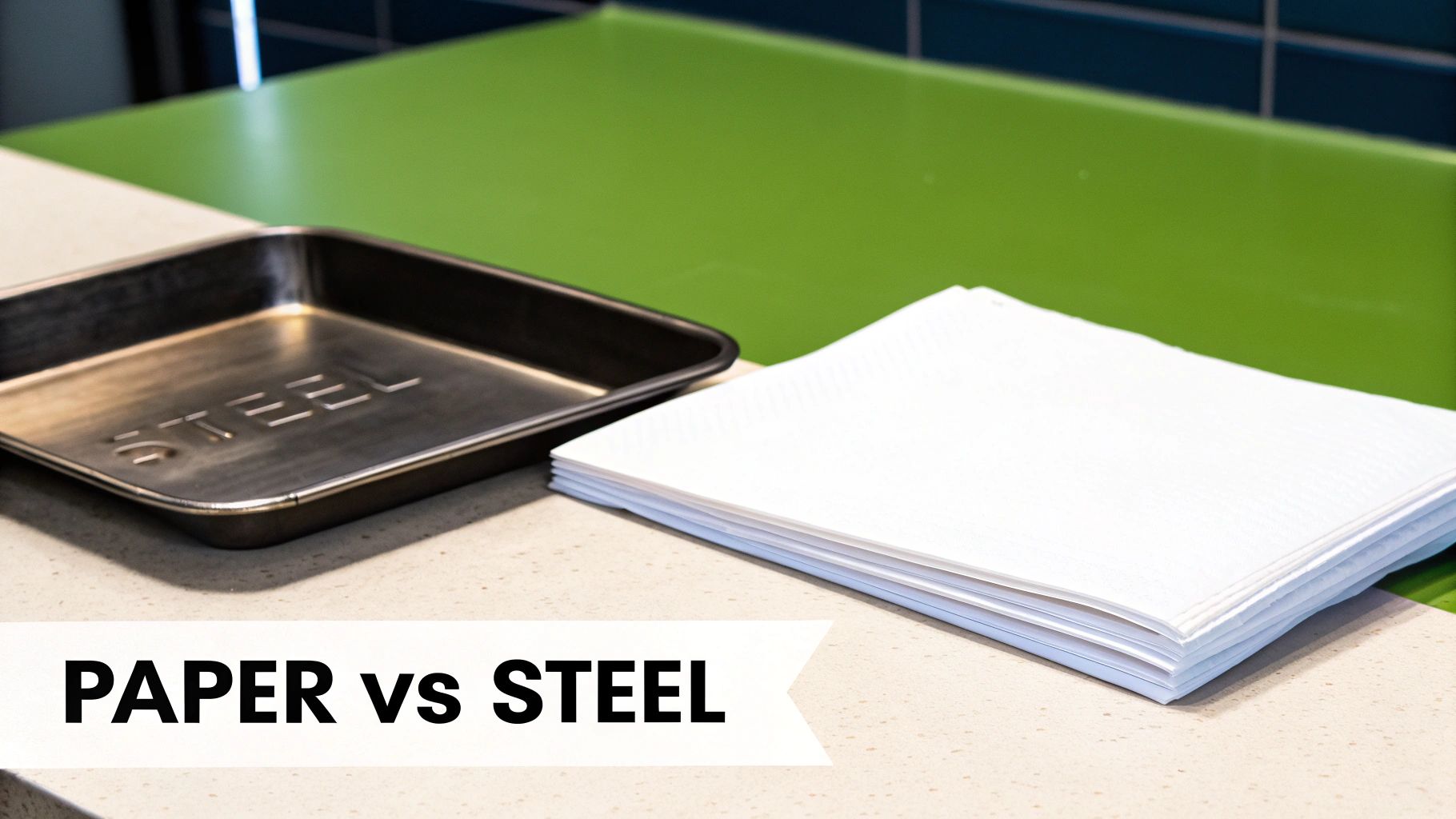 A metal tray with 'STEEL' embossed sits beside a stack of white paper, illustrating a comparison.