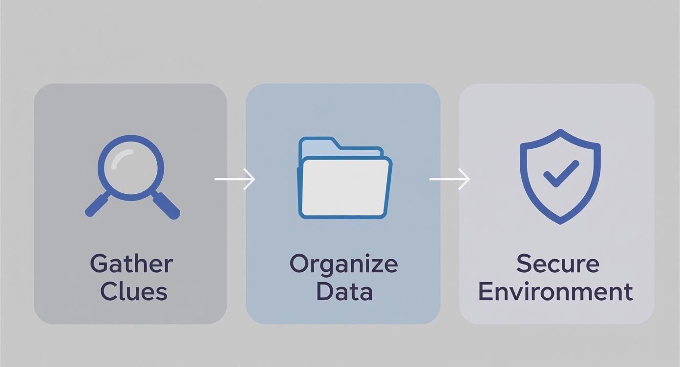 Infographic detailing a 3-step crypto recovery preparation process showing icons for gathering clues, organizing data, and securing the environment.