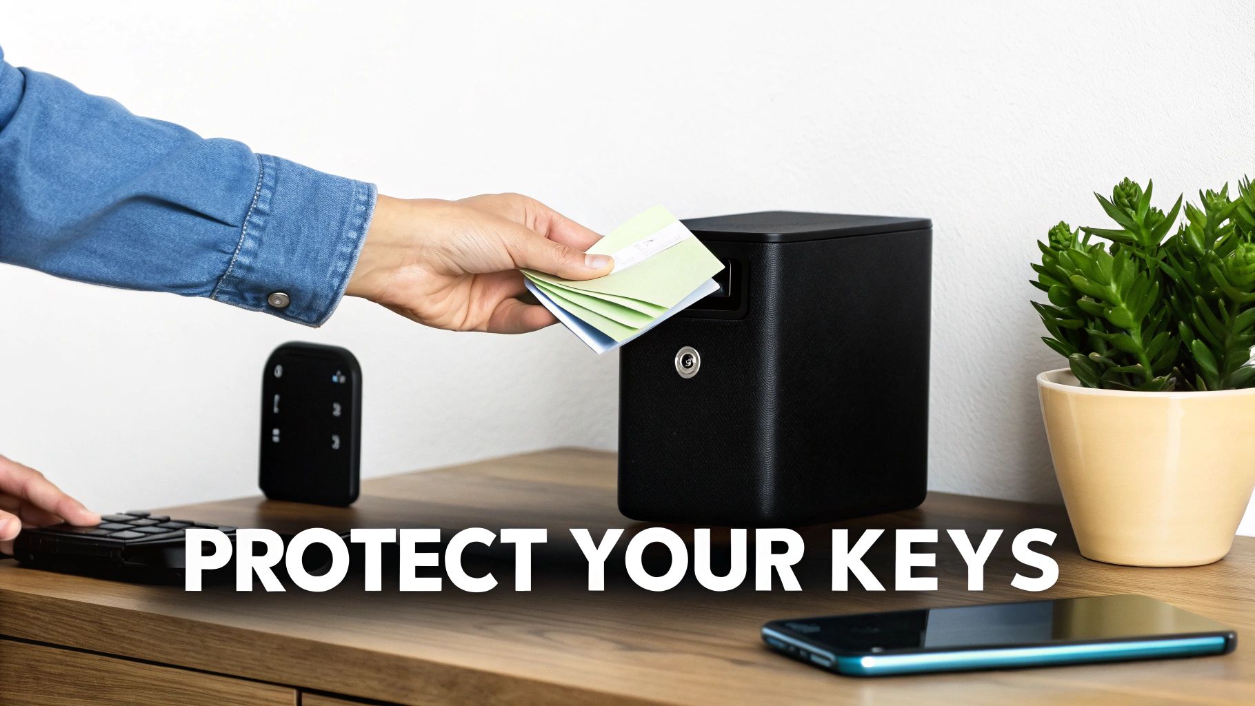 Person inserts small green cards, likely crypto seed phrases, into a secure black storage box on a desk.