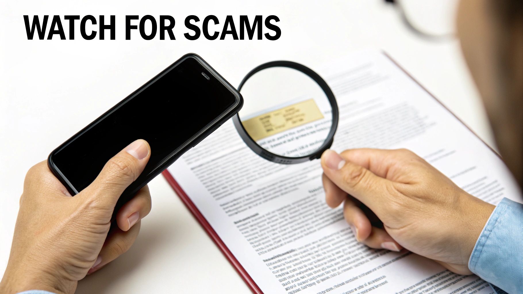 Hands holding a smartphone and a magnifying glass over documents, with the text 'WATCH FOR SCAMS'.