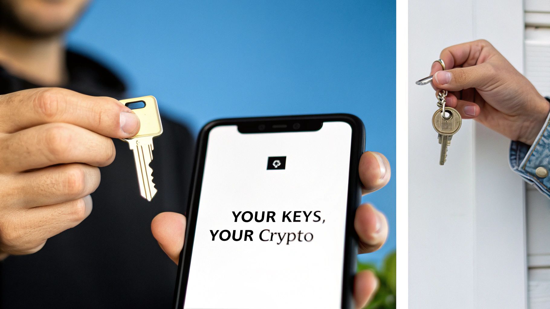 Hands holding physical keys and a smartphone displaying 'YOUR KEYS, YOUR Crypto', symbolizing digital asset security.
