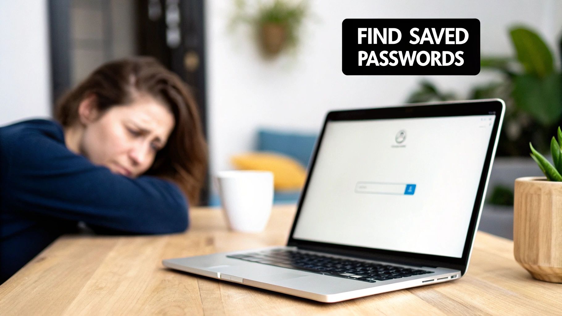 A frustrated woman looking at a laptop with a login screen and "FIND SAVED PASSWORDS" text.
