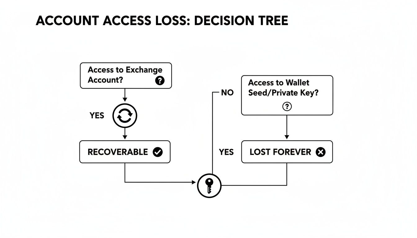 Decision tree diagram for account access loss, showing recovery options based on exchange or wallet key access.