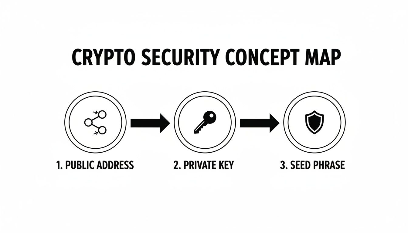 A crypto security concept map illustrating the relationship between public address, private key, and seed phrase.