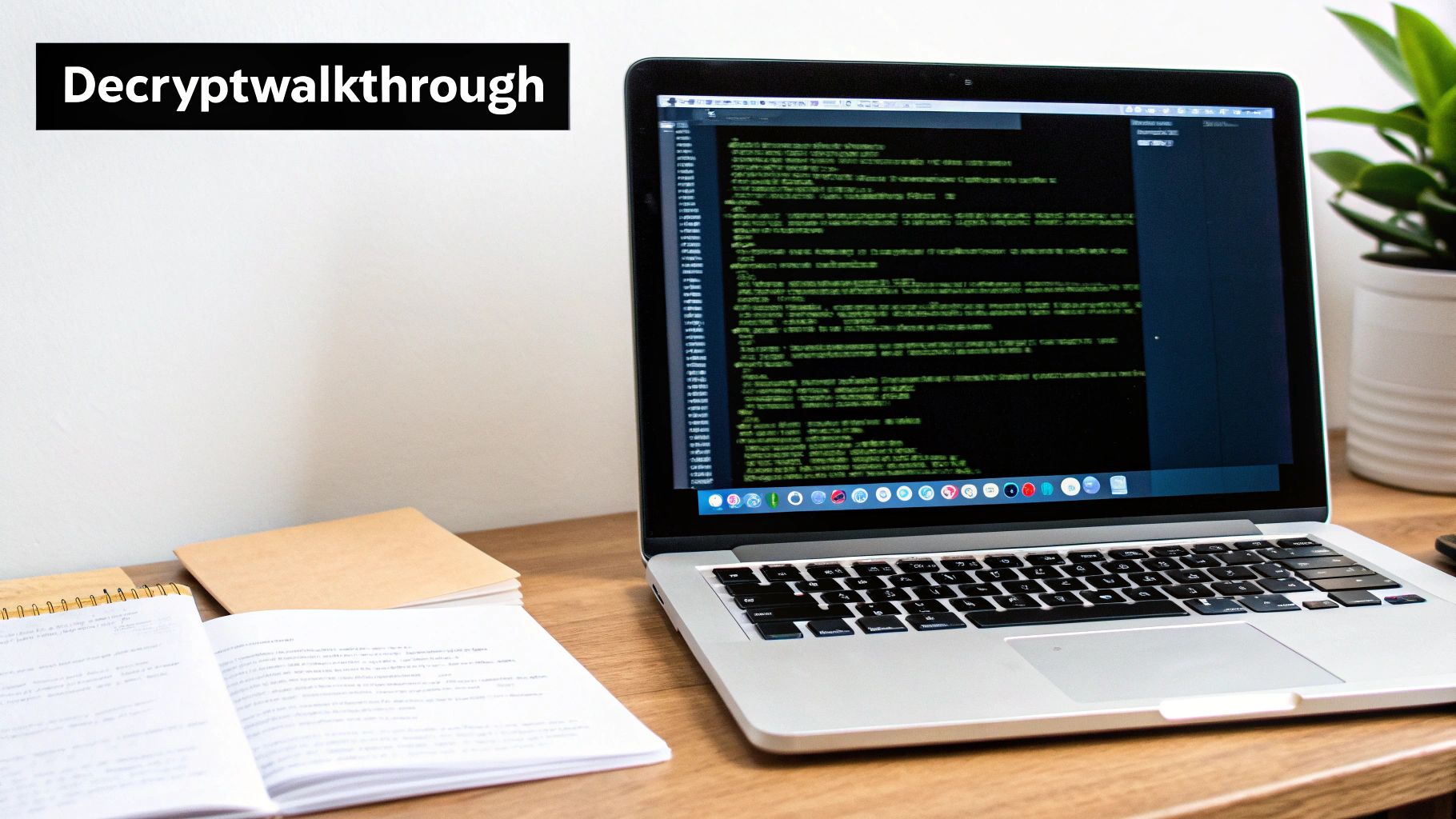 A laptop displaying code, an open notebook, and a plant on a wooden desk, symbolizing a decryption walkthrough.