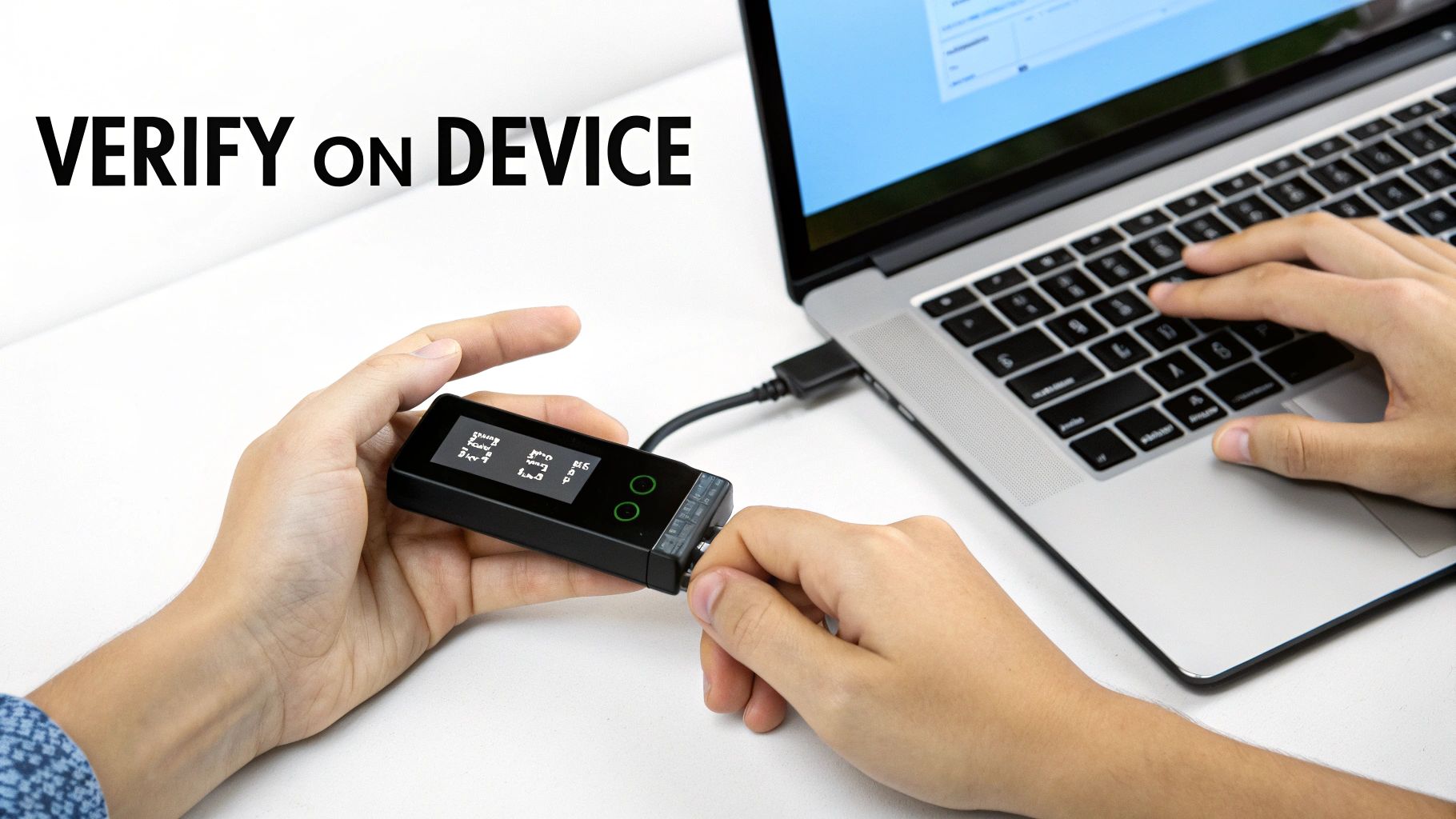 A person connecting a black hardware crypto wallet to a silver laptop for verification.