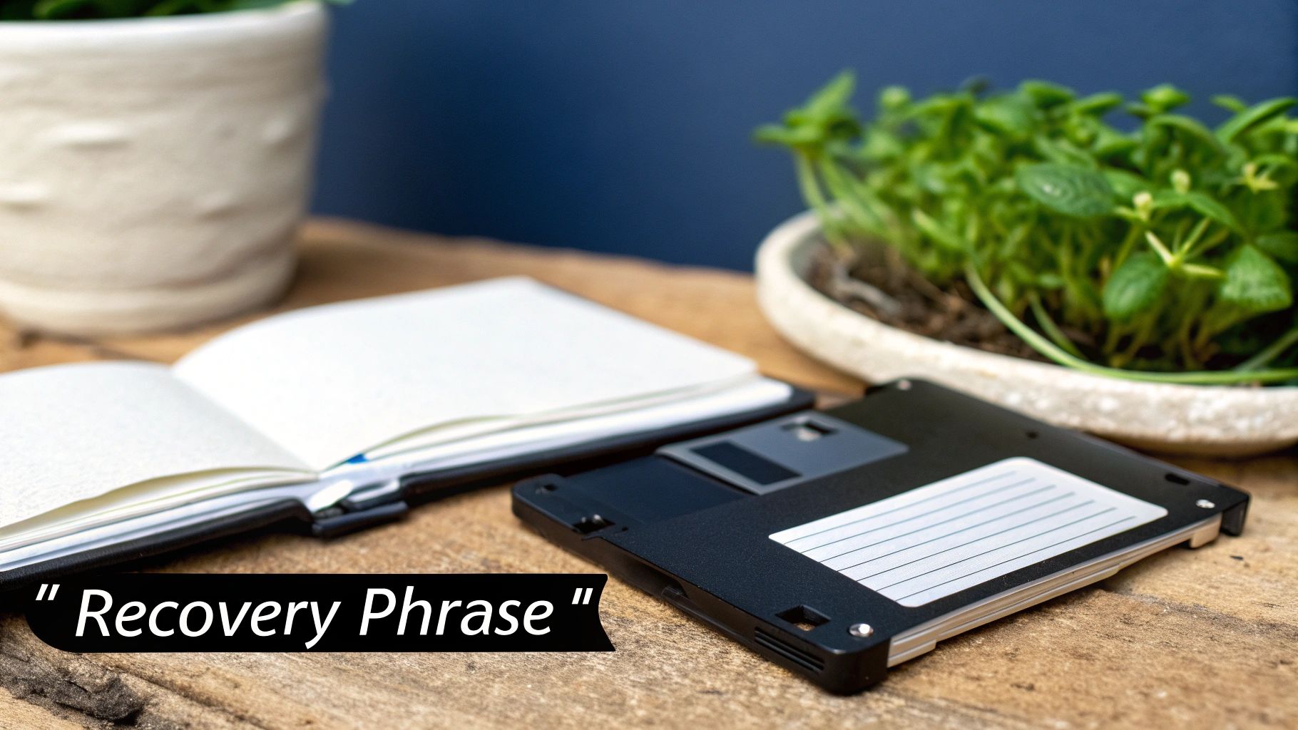 A hardware wallet resembling a floppy disk, an open notebook, and potted plants on wood. Text: 'Recovery Phrase'.