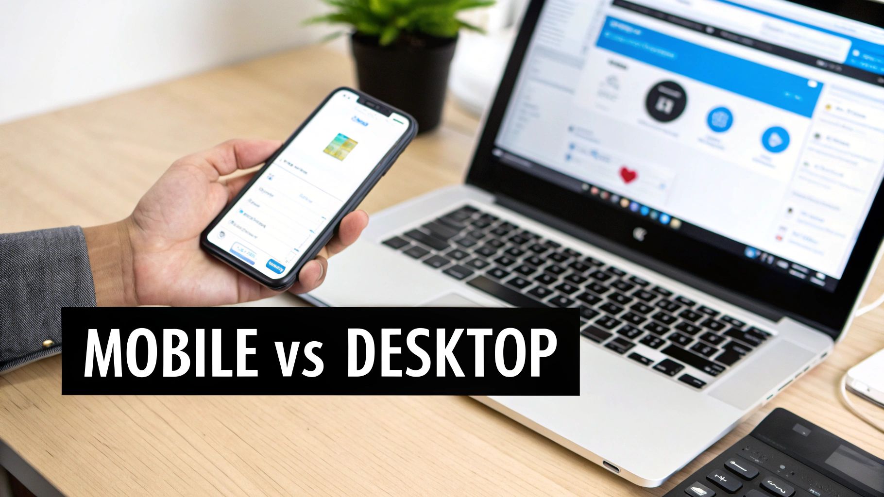 A hand holds a smartphone displaying an app, contrasting with a laptop showing a desktop interface.