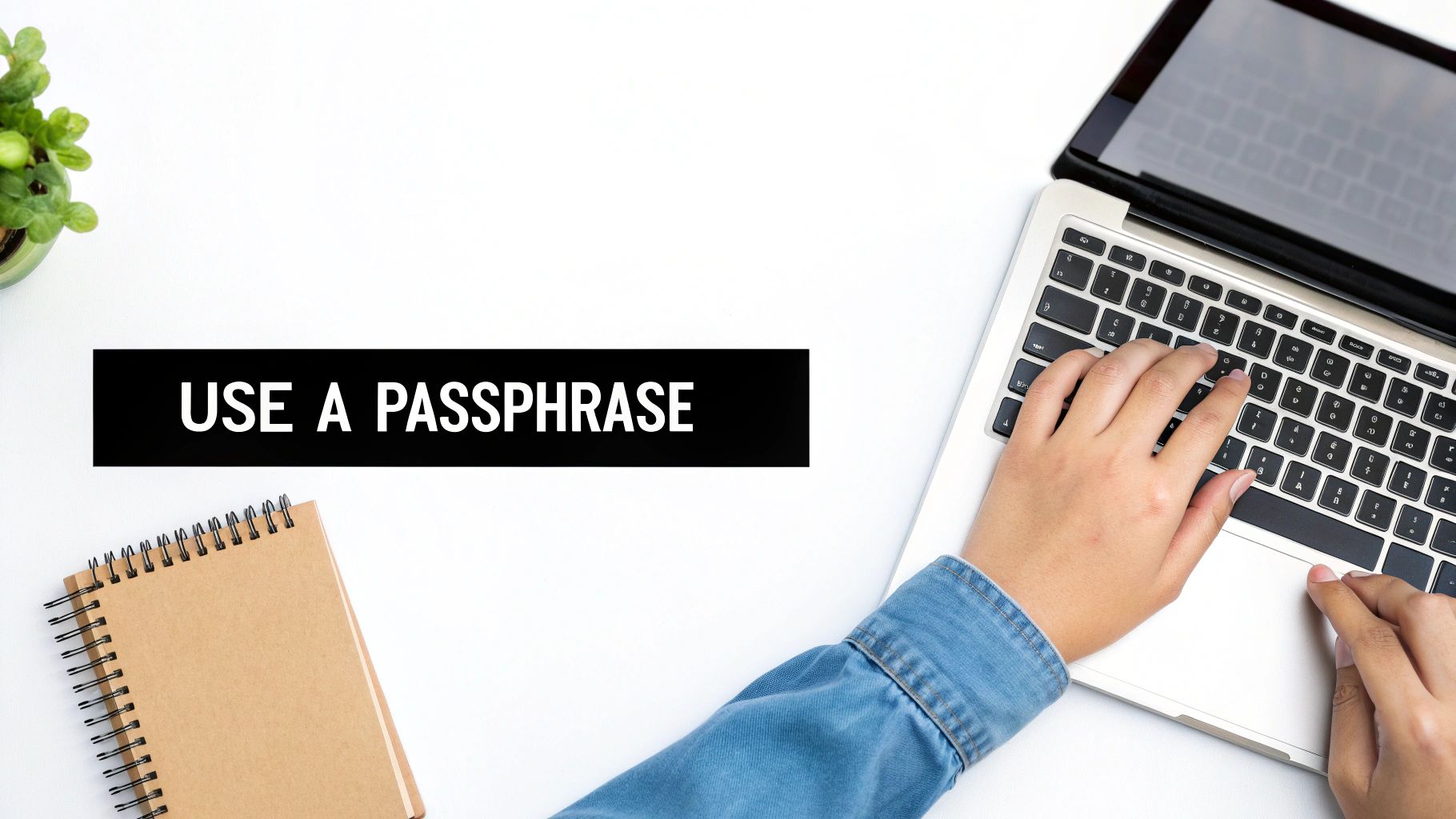 Overhead shot of a person typing on a laptop next to a plant and notebook, with a 'USE A PASSPHRASE' banner.